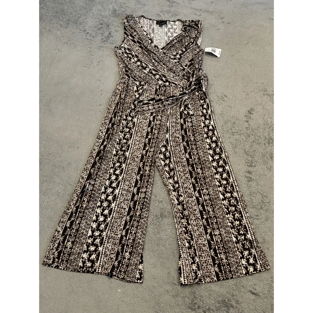 NWT Connected Apparel Jumpsuit Womens 10 Brown Geometric Striped Flowy Boho